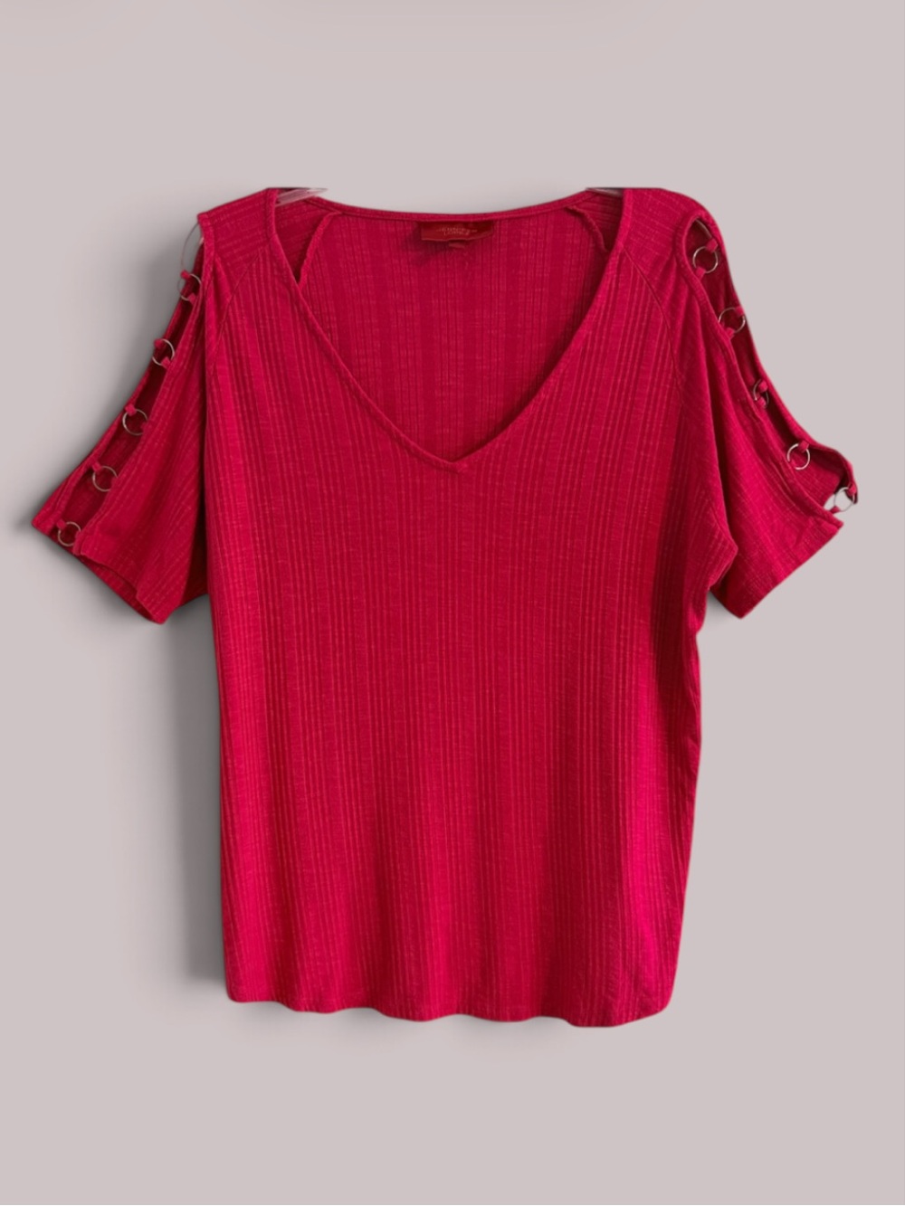 Jennifer Lopez Hot Pink Ribbed Cold-Shoulder V-Neck Top with Ring Detail